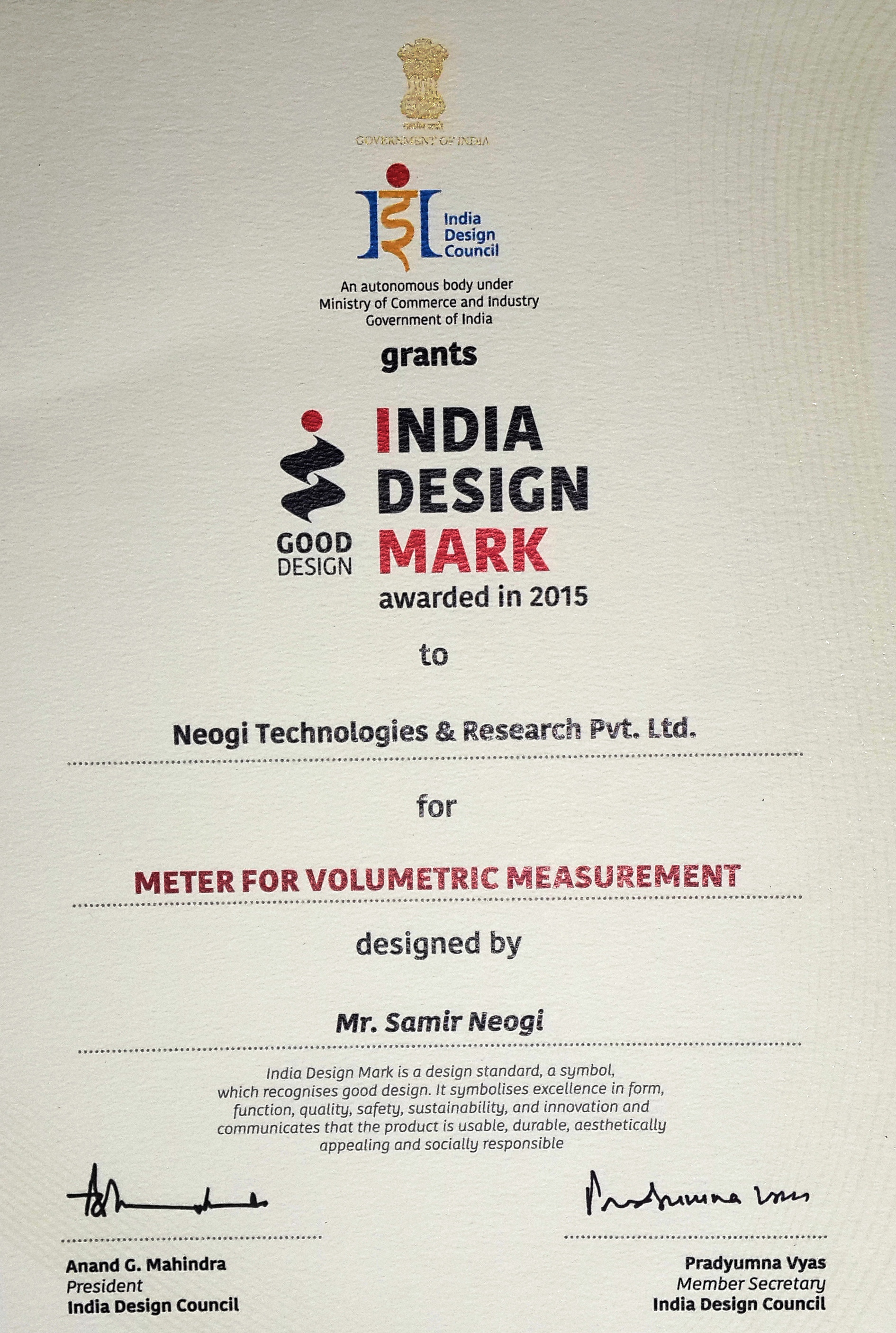 INDIA DESIGN MARK FOR METER FOR VOLUMETRIC MEASUREMENT